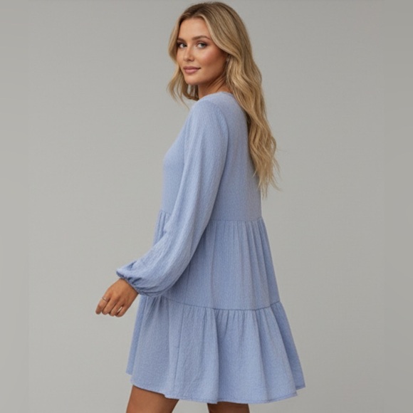 Blue Striped Lantern Sleeve Ruffle Hem Smock Dress - Picture 4 of 9